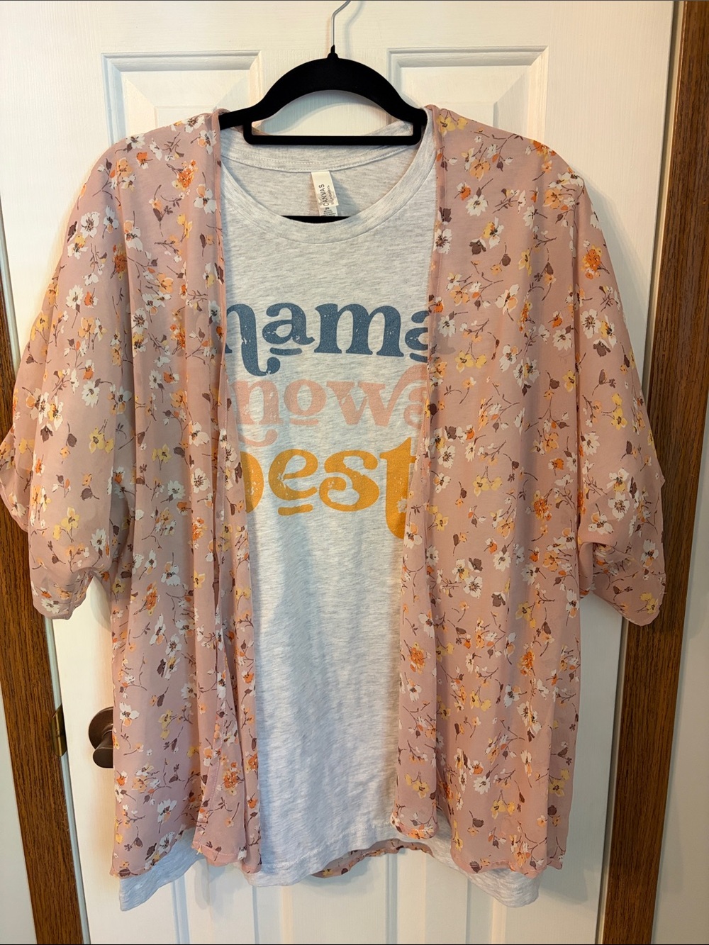 2 piece Liberty Love Pink Floral Kimono over Gray 'Mama' Graphic Tee